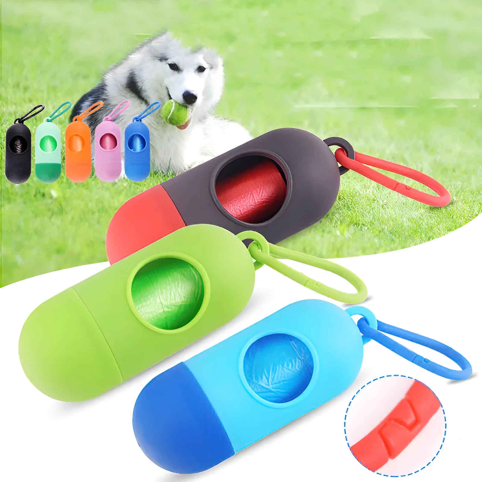 Black plastic dog poop bag holder with a metal side hook and Velcro strap, showing compact size.