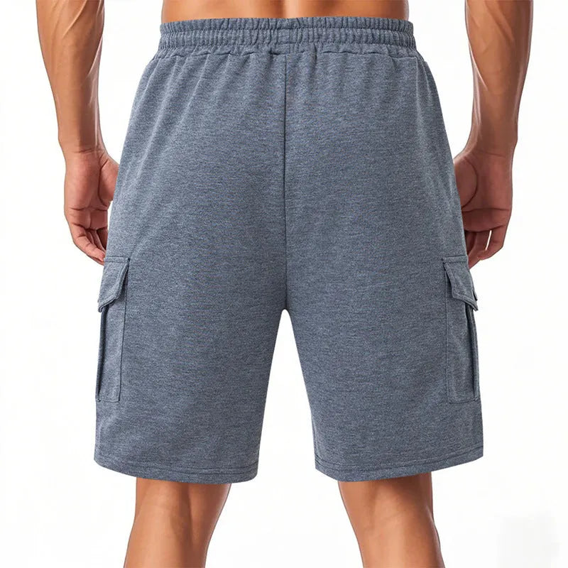 Heavy loose sports cargo shorts in towel terry fabric with multiple pockets in light grey colour