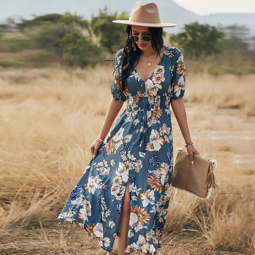 Women's floral summer beach dress with V neck and elastic waist in mid-length cut