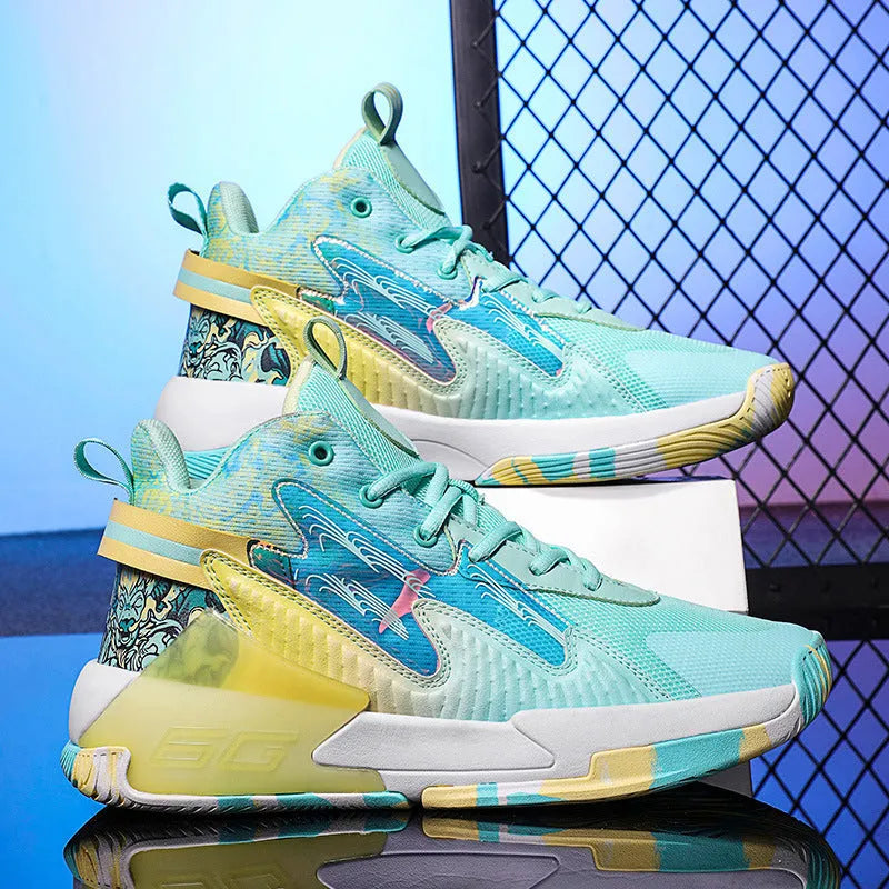 Luminous high-top basketball shoes with mesh upper and graffiti pattern for children in multiple colours