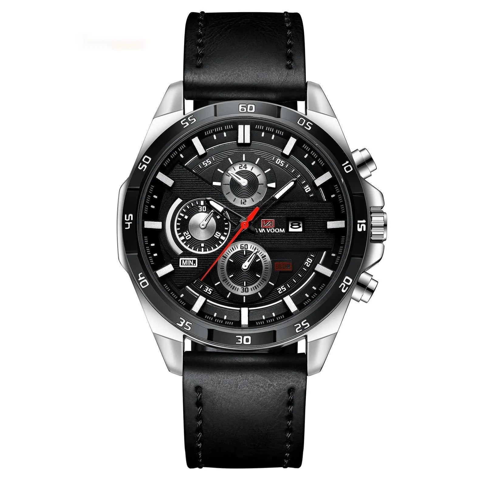 Men's casual quartz watch with business calendar on black leather strap and rose gold case.