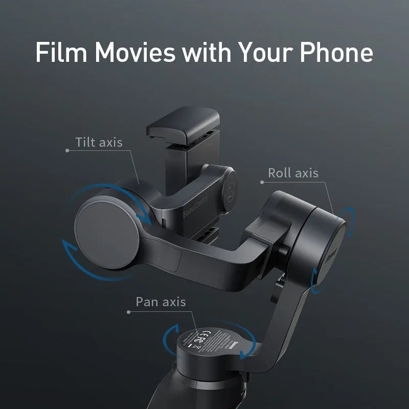 Black handheld three-axis stabiliser for mobile phones with ABS+PC frame and clamp open for a smartphone