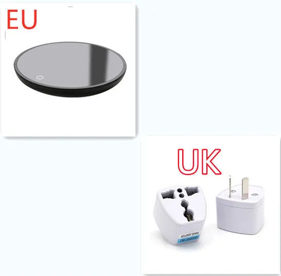 Black adjustable temperature cup warmer with tempered glass surface and low/high switch