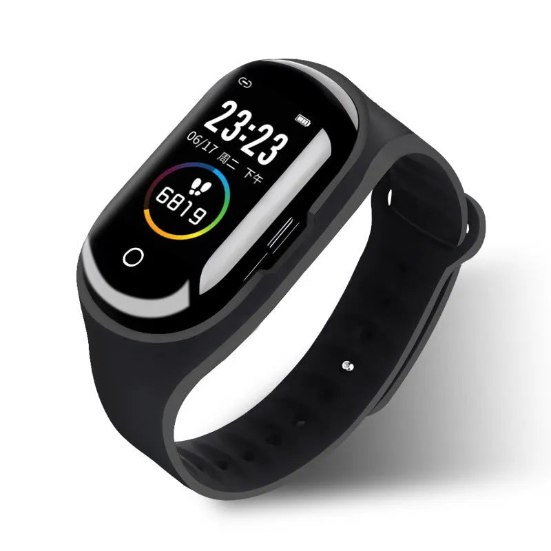 Smart bracelet and wireless earphone combo in silicone with touchscreen display showing fitness metrics
