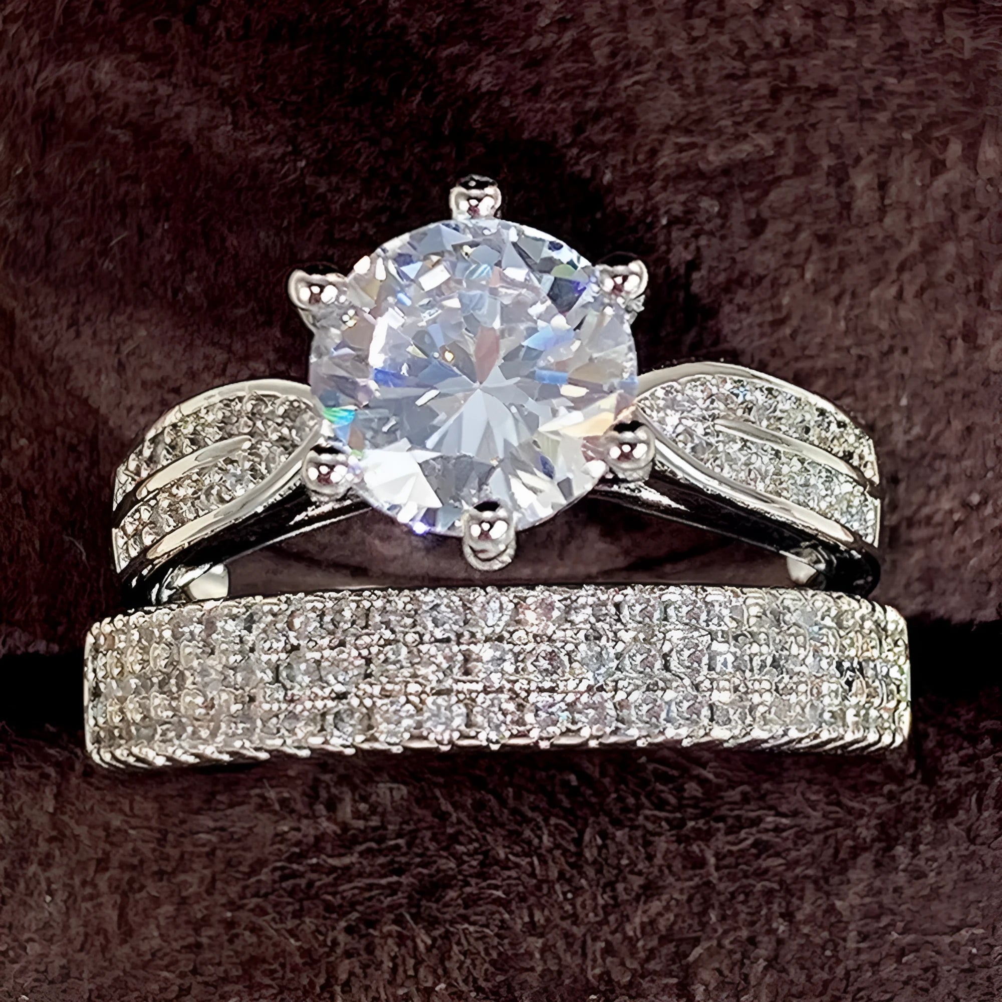 White gold colour wedding ring attached to matching bracelet with geometric shapes and round decorative elements