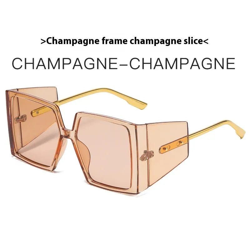 Large square frame sunglasses showing seven colour options including black, blue, champagne, orange, green, white and hawksbill
