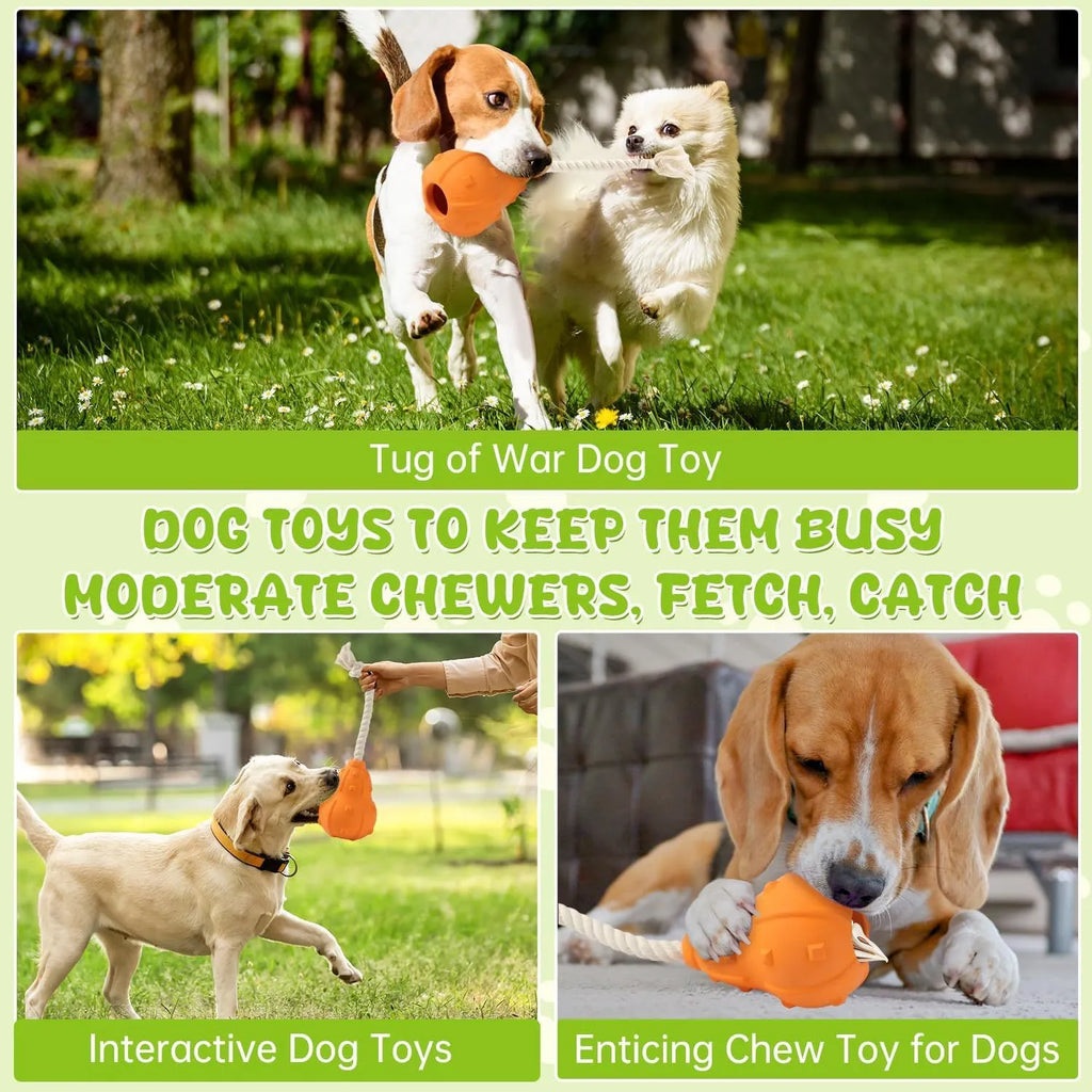 Natural rubber stuffable dog toy for small medium breeds with longer strap for fetch and tug