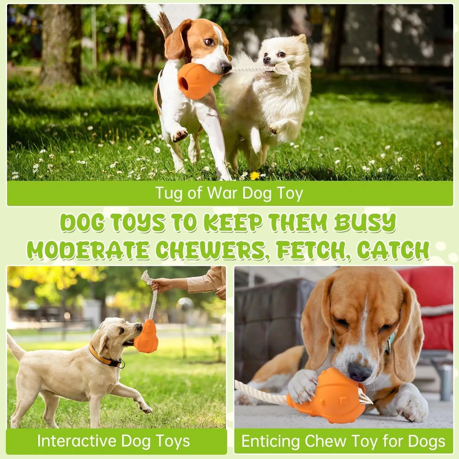 Natural rubber stuffable dog toy for small medium breeds with longer strap for fetch and tug