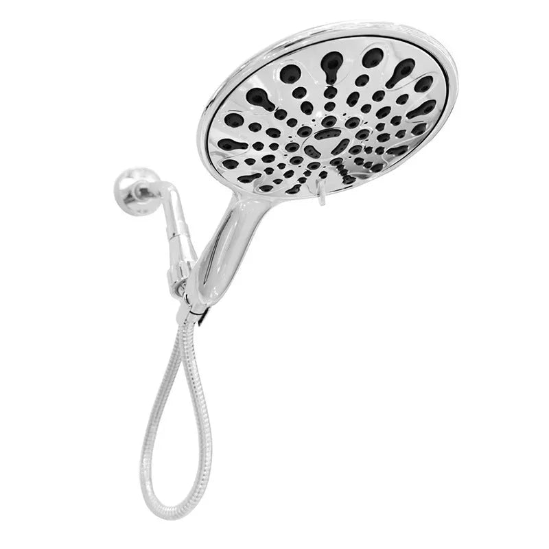 Six-inch handheld shower head with electroplated finish and multi-function spray selector.