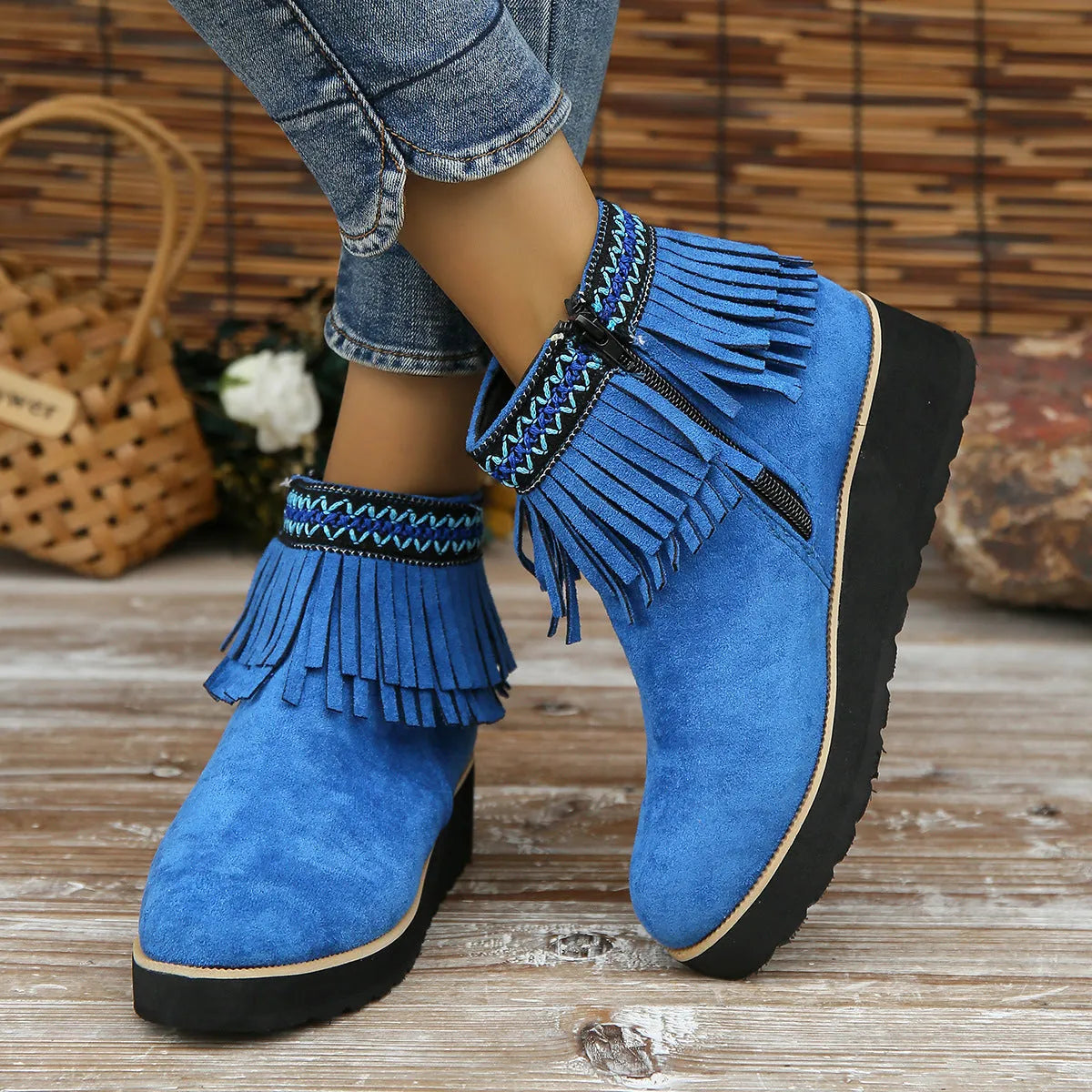 Women's black suede wedge boots with a side zipper and thick platform sole