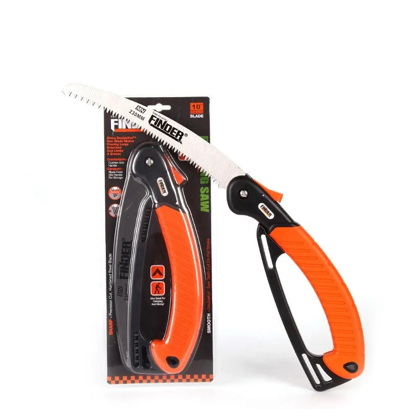 A folding garden hand saw with a black TPR grip and a silver 230mm steel blade, shown both open and closed.