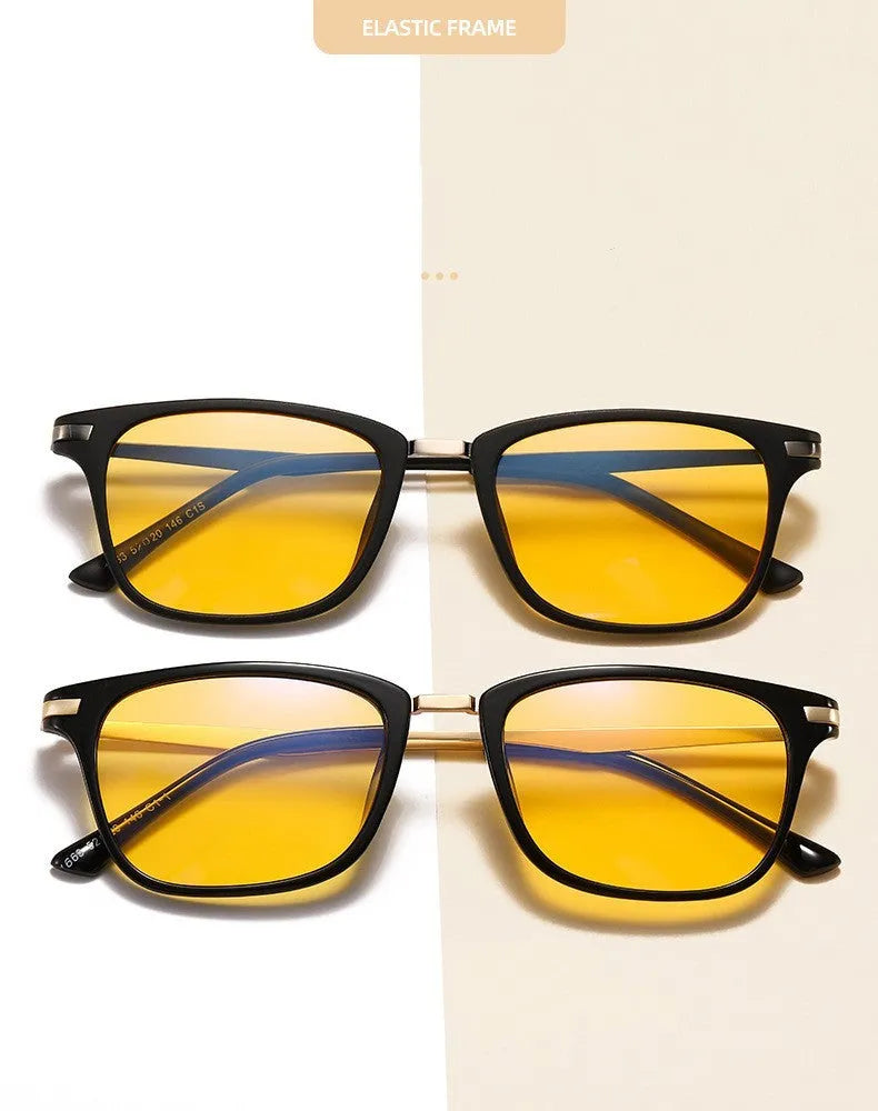 Full frame anti-blue light glasses for men, square shape, TR90 frame, yellow film PC lens, retro style