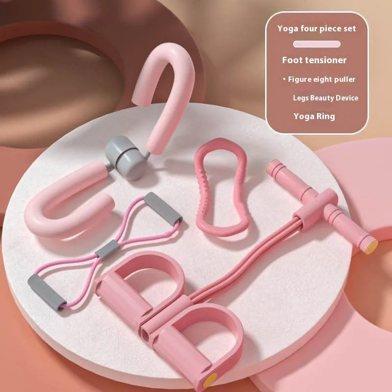 Four-piece yoga fitness set with leg stretcher, pedal device, ring, and tension rope for home exercise.