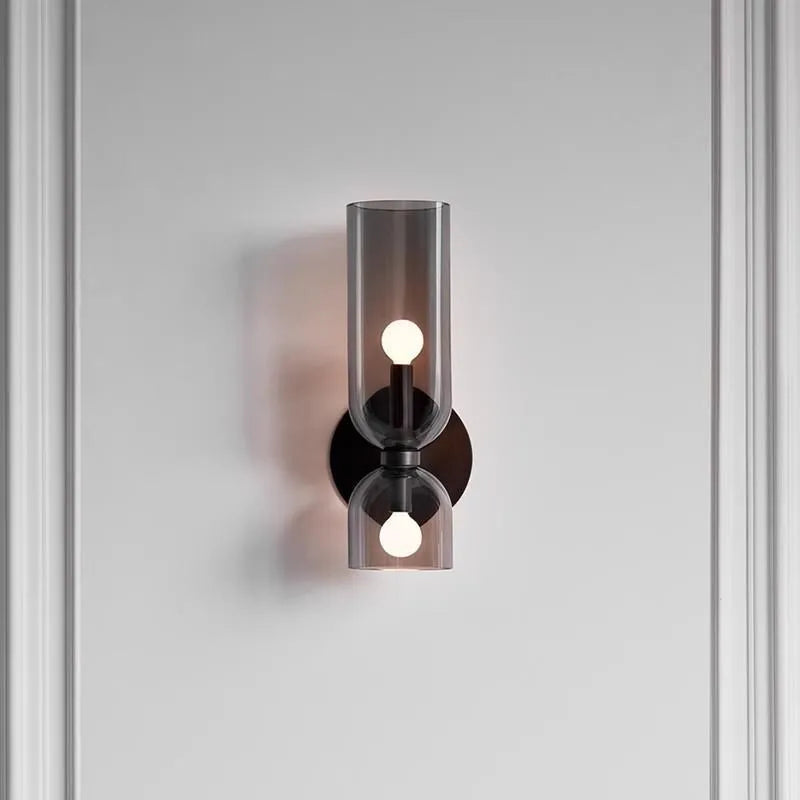 Nordic glass wall lamp with white light on a living room background wall