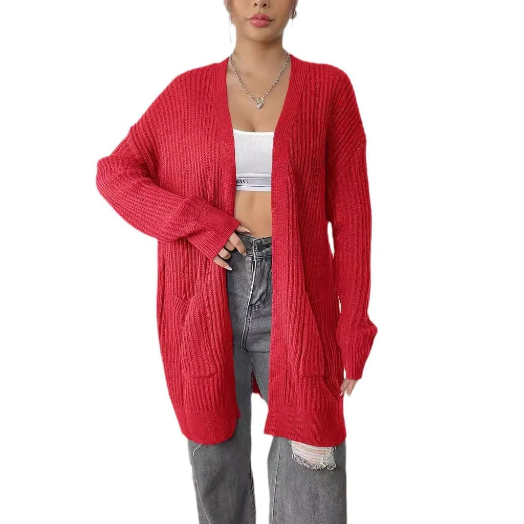Women's loose fit acrylic cardigan with double pockets in dark green colour