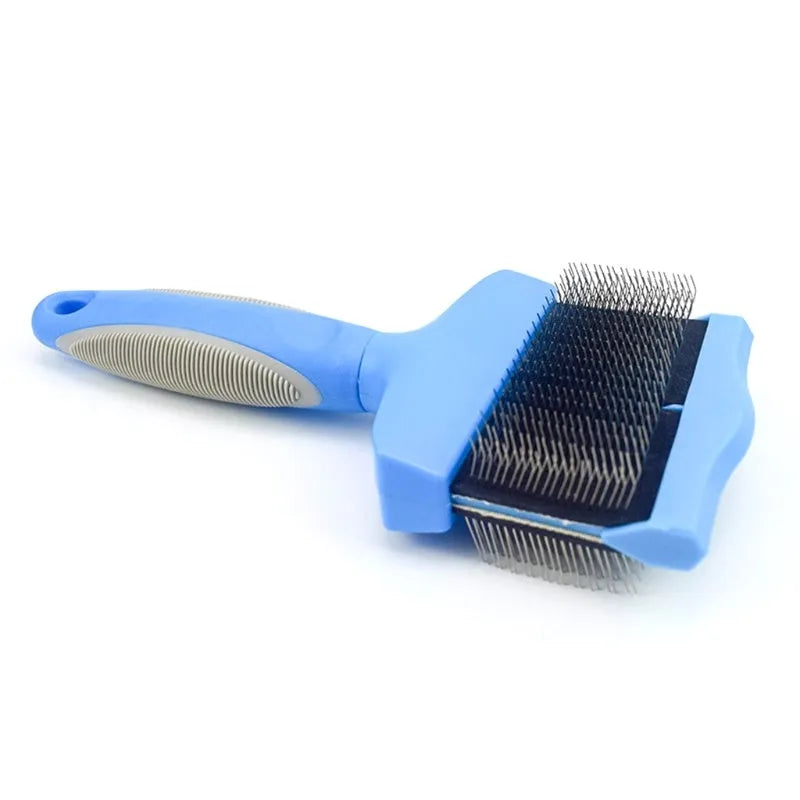 Double-sided pet brush with stainless steel pins and ABS plastic handle in blue or pink colour options
