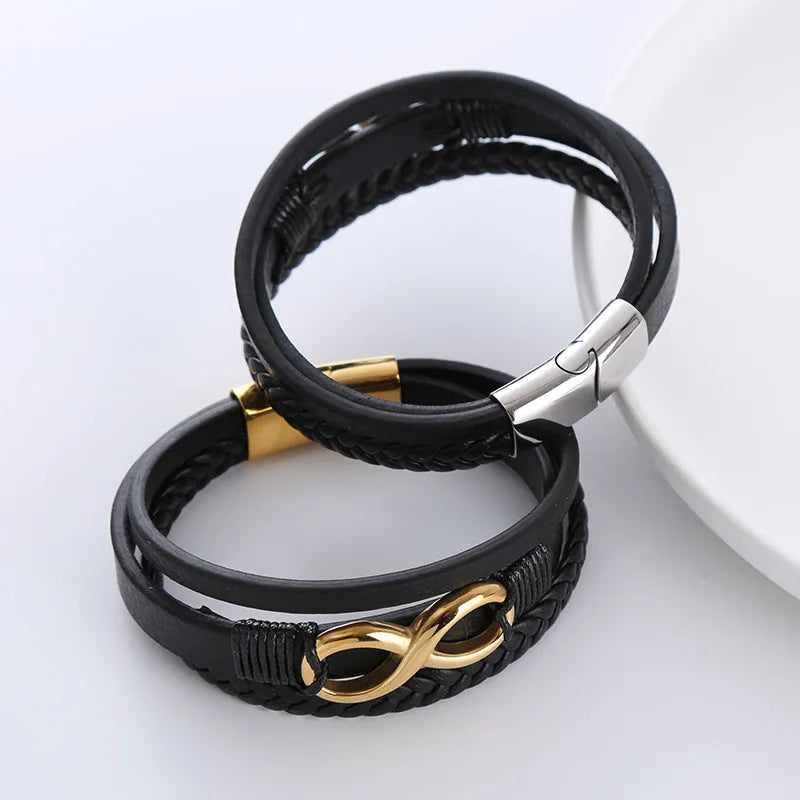 Men's retro pu leather twist weave infinite symbol bracelet in steel colour with electroplated finish