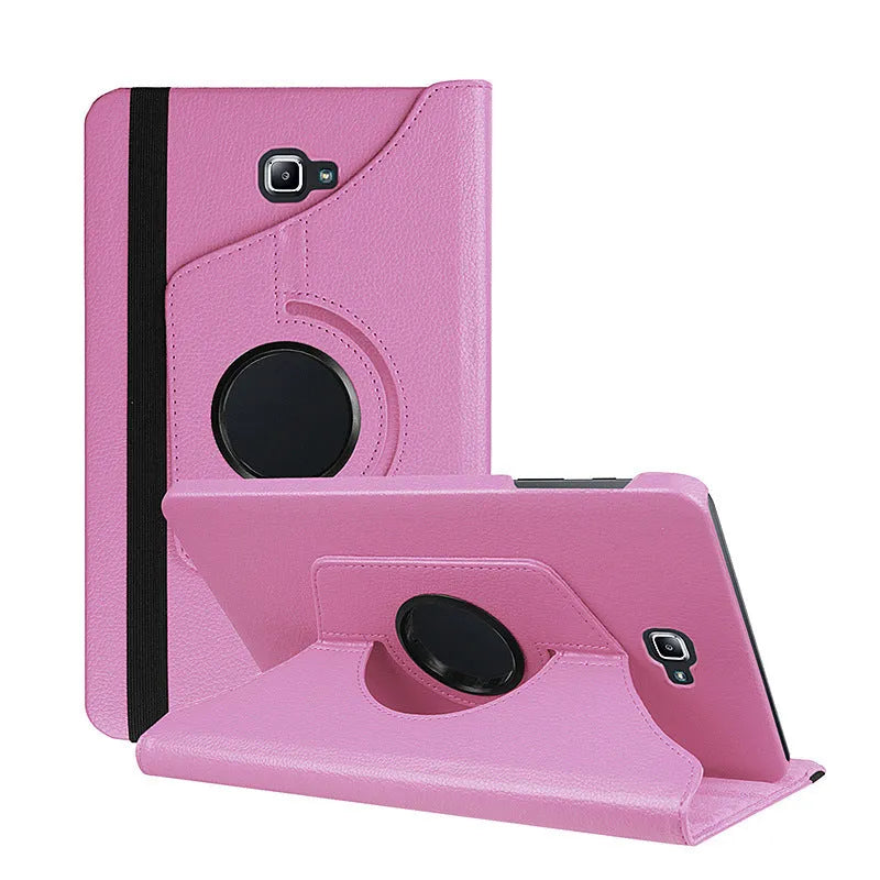 Rotating leather case for T-series tablet showing multiple viewing angles and colour options