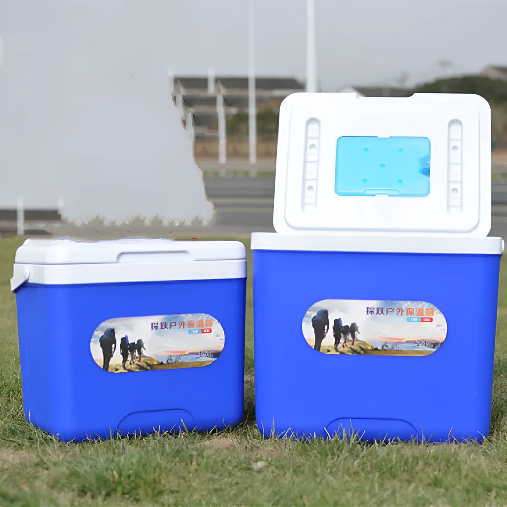 Blue portable insulated cooler box with aluminium foil interior, shown with lid open.