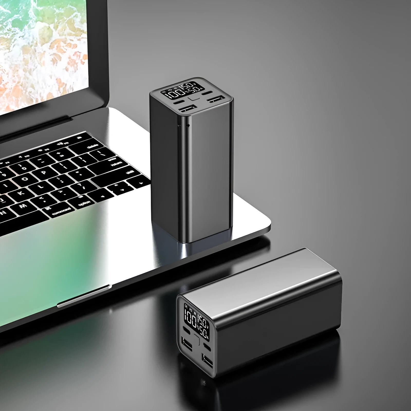 65W 20000mAh metal laptop power bank in black, blue or grey colours