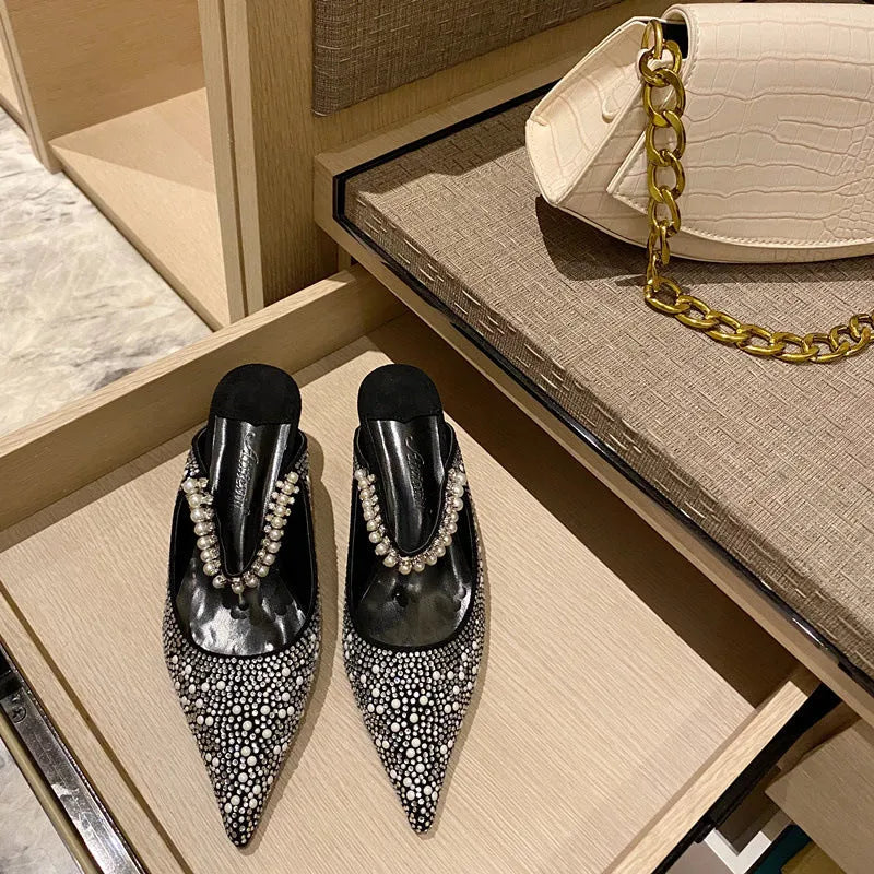 Spring new women's stiletto heel slippers in Korean style, pointed toe, apricot colour