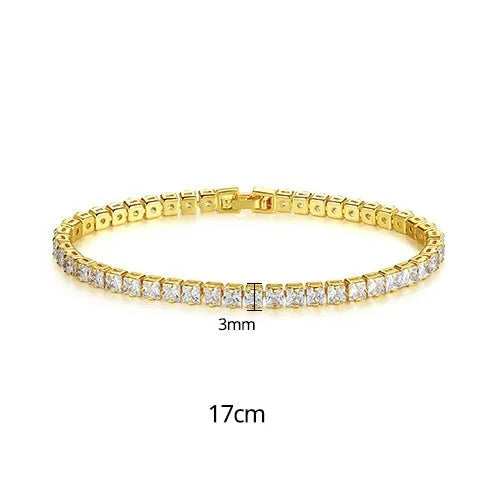 Simple copper tennis bracelet with zircon inlay for women, golden finish, geometric hot drilling style