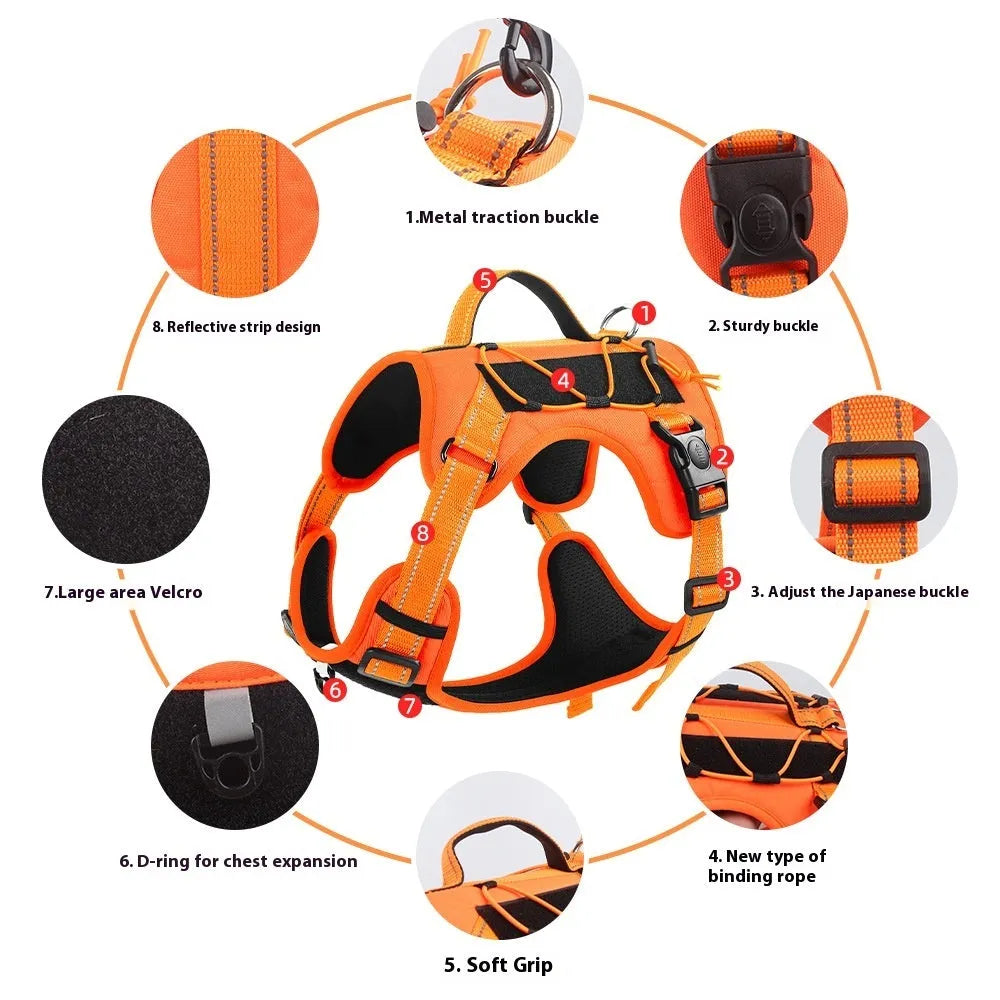 Orange explosion-proof dog harness vest with reflective strips and a black hand grip rope attached.