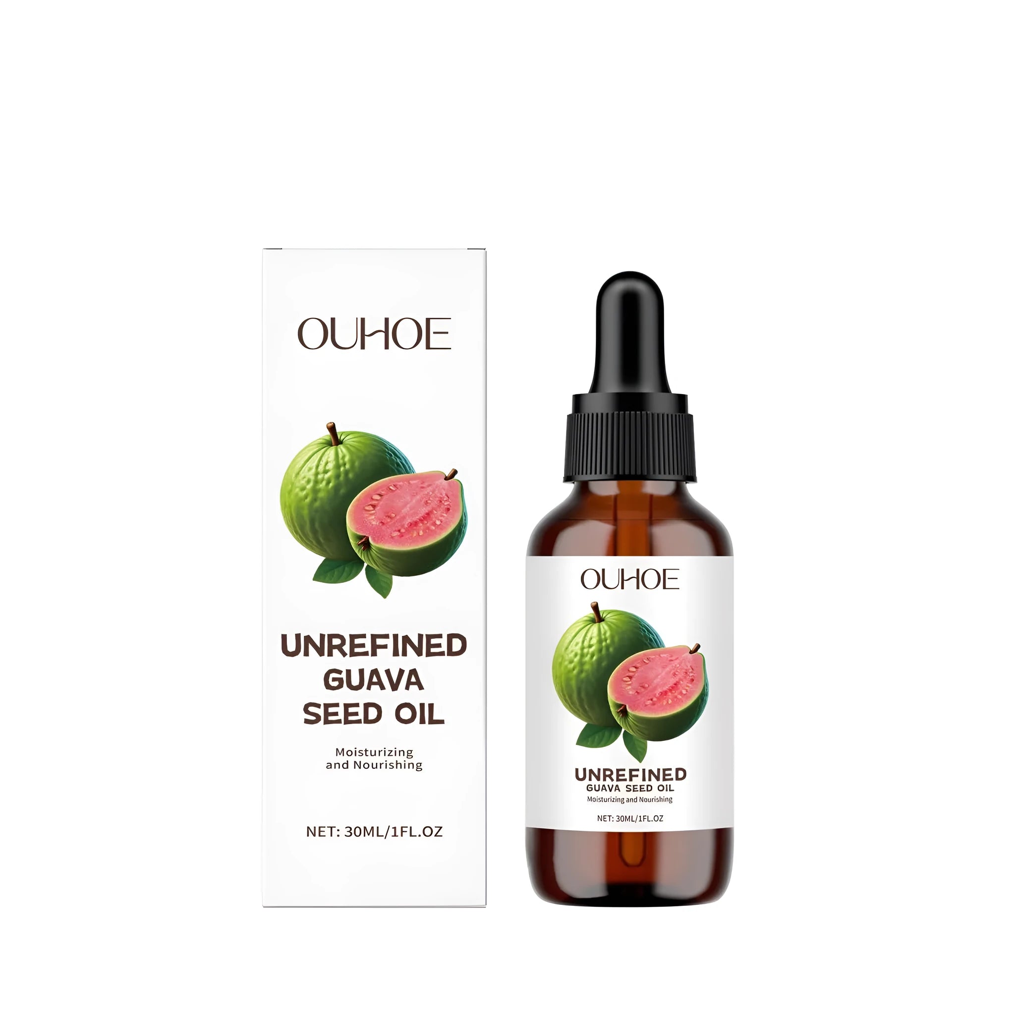 30ml bottle of guava seed oil facial serum with a dropper.