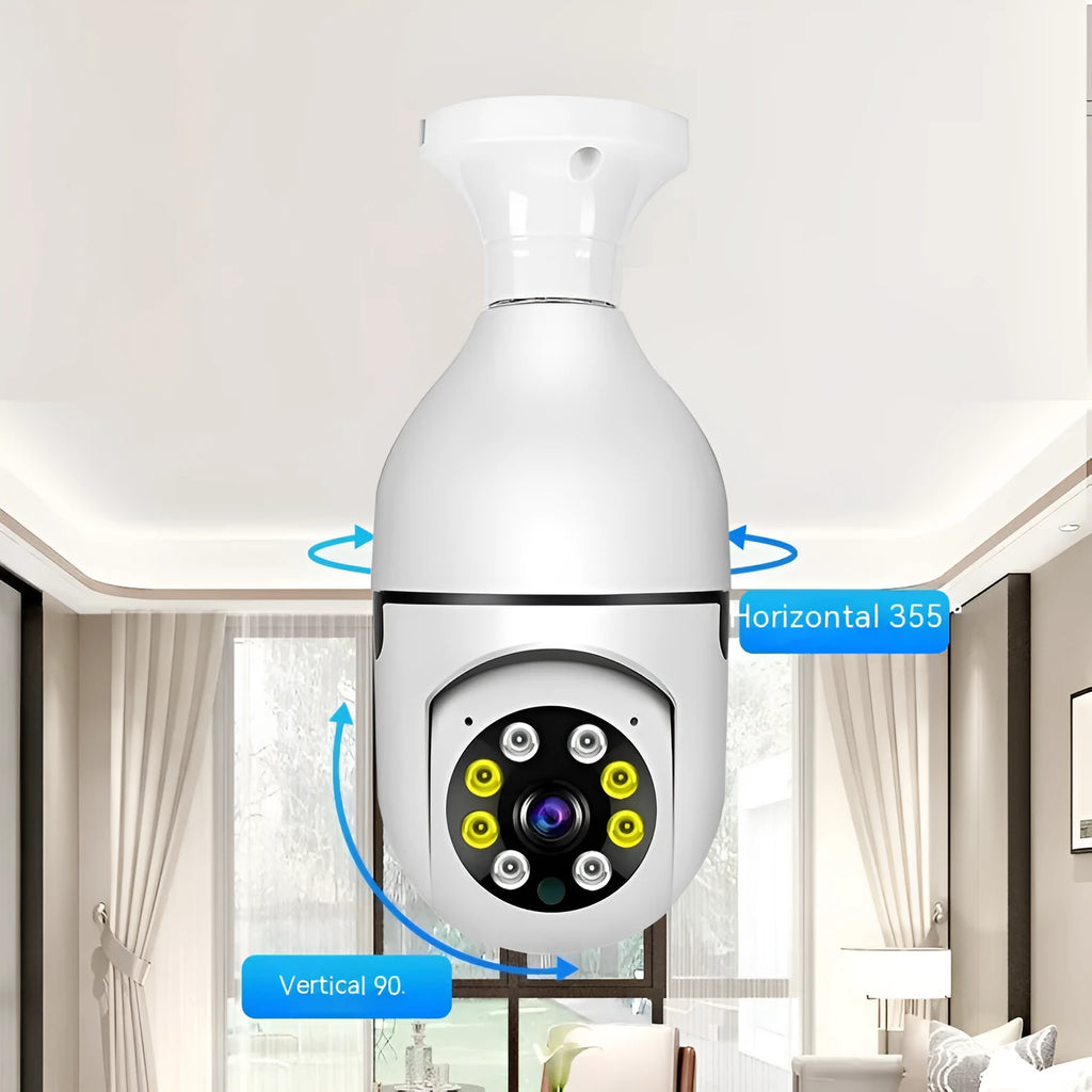 Wireless WiFi bulb security camera with compact design showing 1080p full colour night vision capability