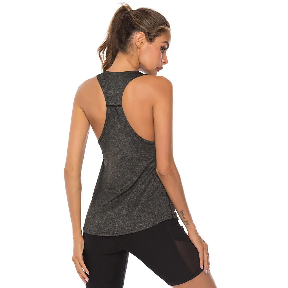 Women's athletic vest in slate blue with racerback design and O-neck collar