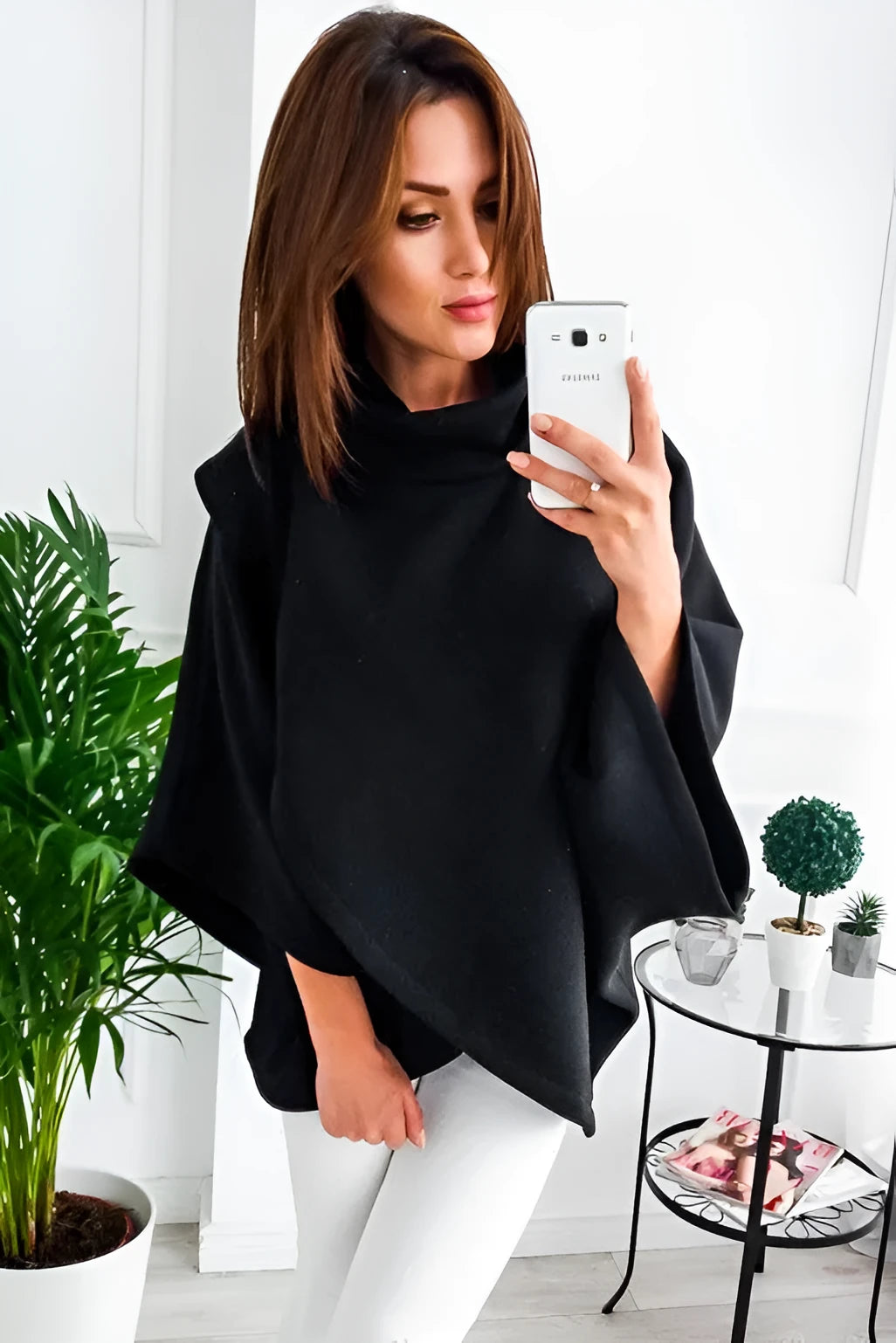 Women's longline bat-sleeve cardigan sweatshirt in grey with three-button placket and stitching detail.