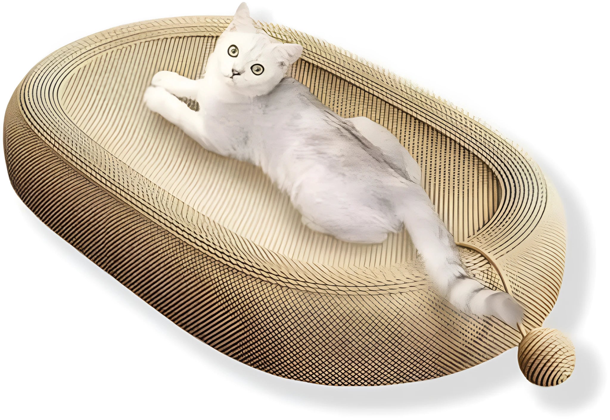 Large natural sisal fibre cat scratching board with a raised lounging platform in a beige colour.