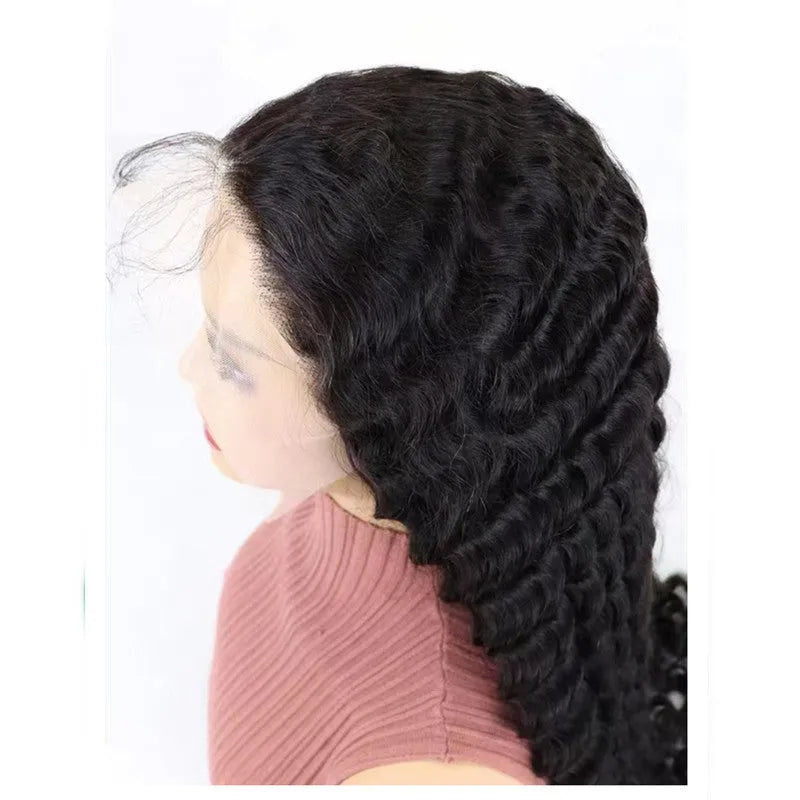 Solid colour human hair half lace front wig displayed on a stand, showing natural hairline.