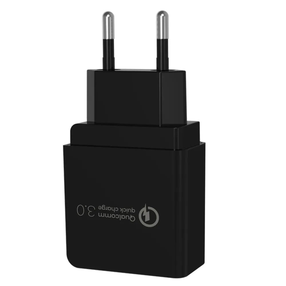 QC3.0 fast charger in bright black with two USB ports, PC fireproof material casing