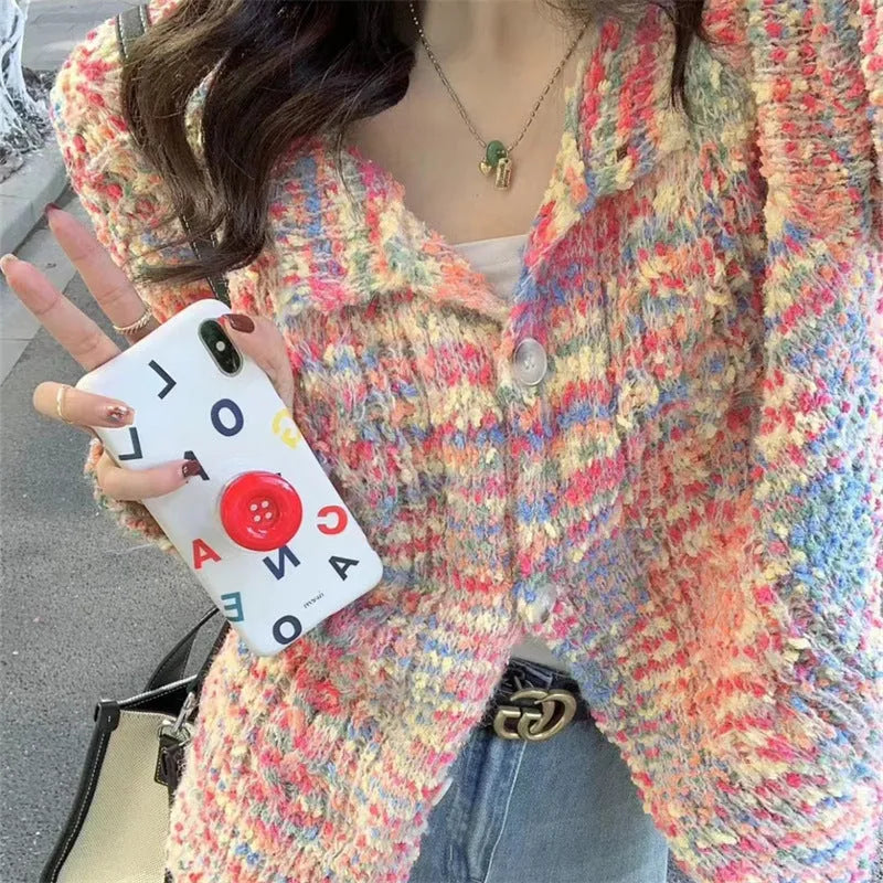 Rainbow pattern knitted cardigan in acrylic fibre with slim fit and regular sleeves