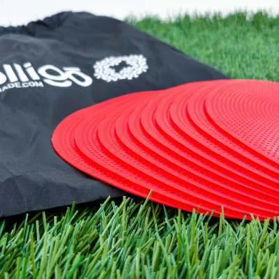 Soft yellow football landmark pad disc on grass, 23cm diameter, for training targets.