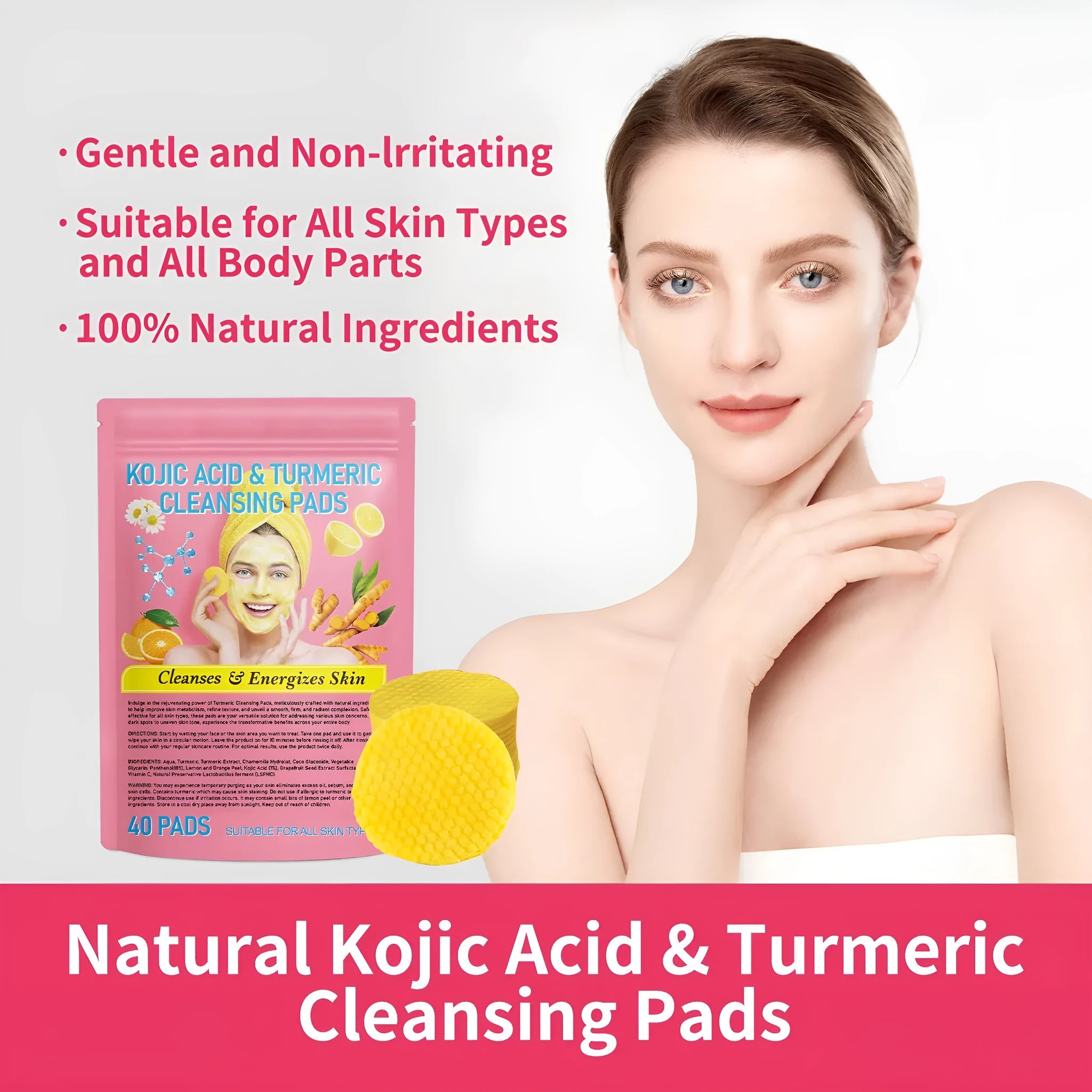 Yellow compressed turmeric cleansing pad with kojic acid, made of sponge material, for facial cleansing
