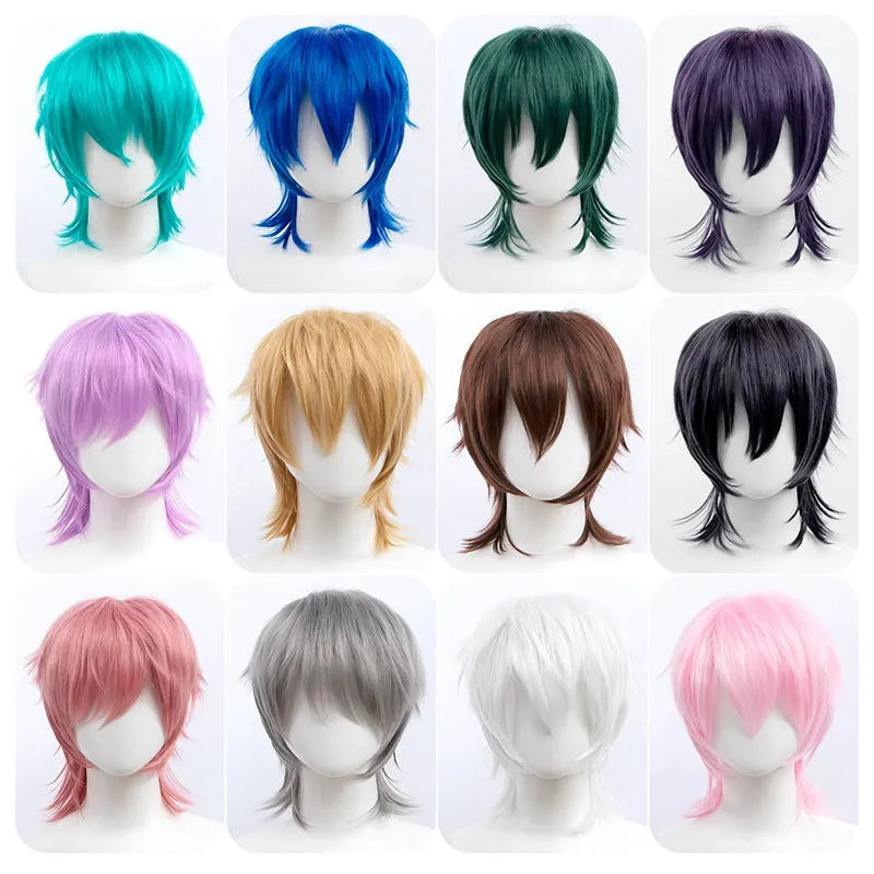 Short cosplay wig for men with lengthened tail and anti-curling mechanism in anime style