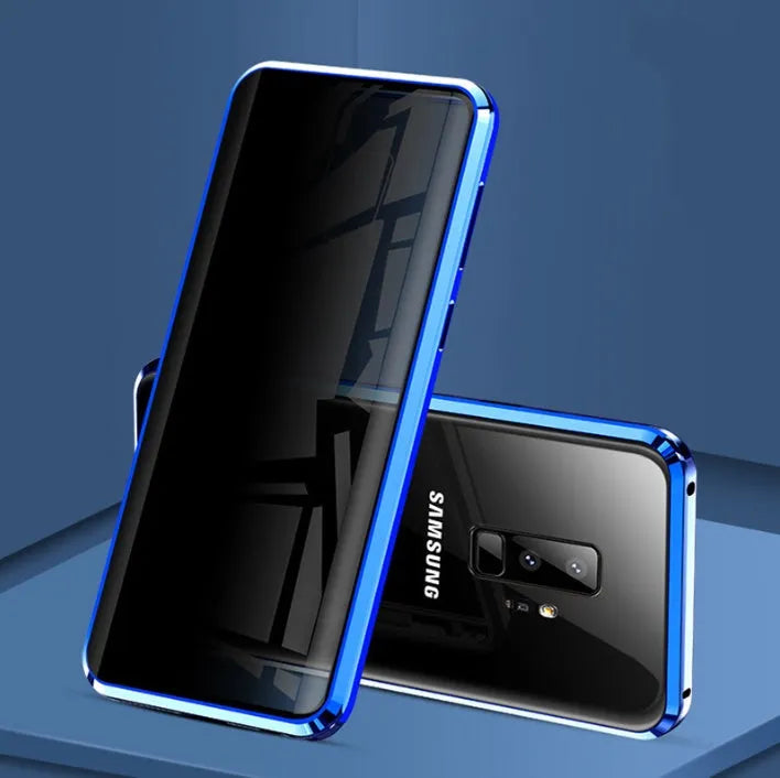 Magnetic anti-peeping phone case for Samsung Galaxy with double-sided glass construction in clamshell design