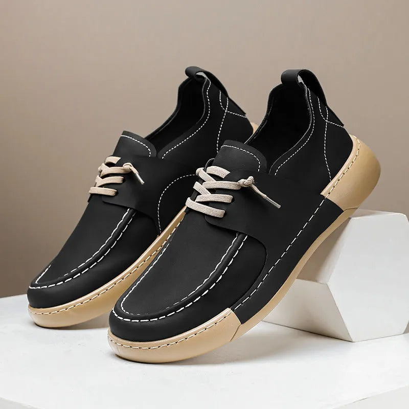 Men's retro British business casual lace-up leather shoes in black with round toe and low heel, stitching detail