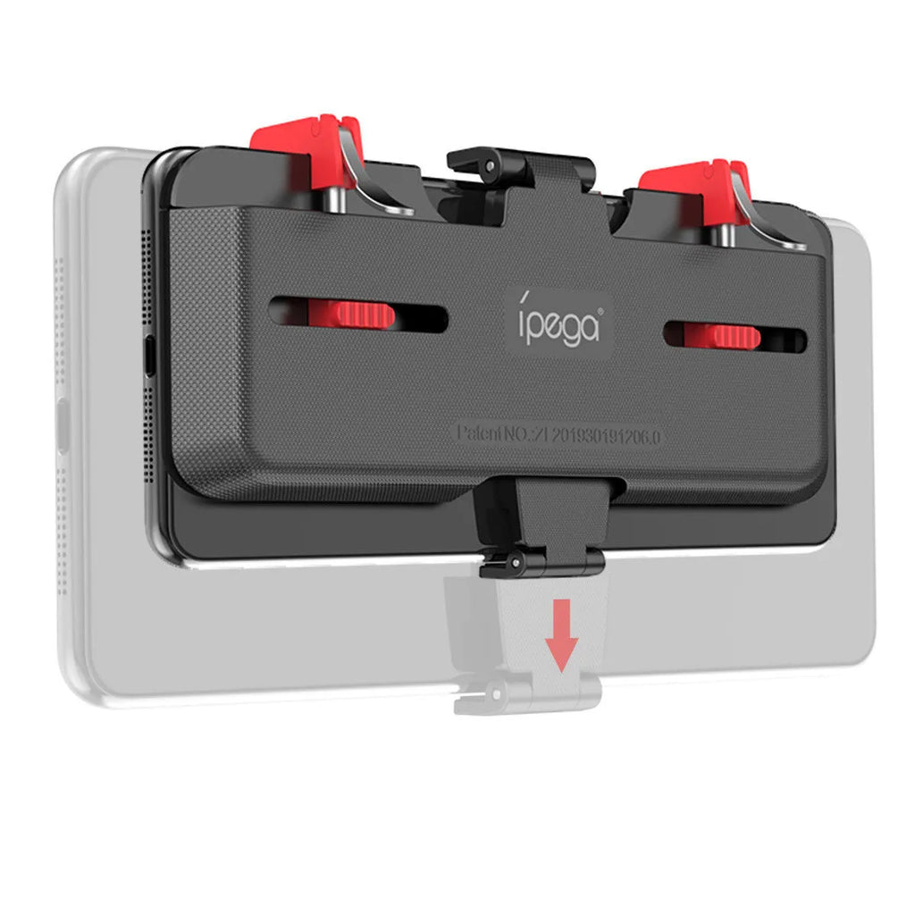 Black mobile phone gaming trigger bracket showing adjustable metal trigger and telescopic phone clamp.