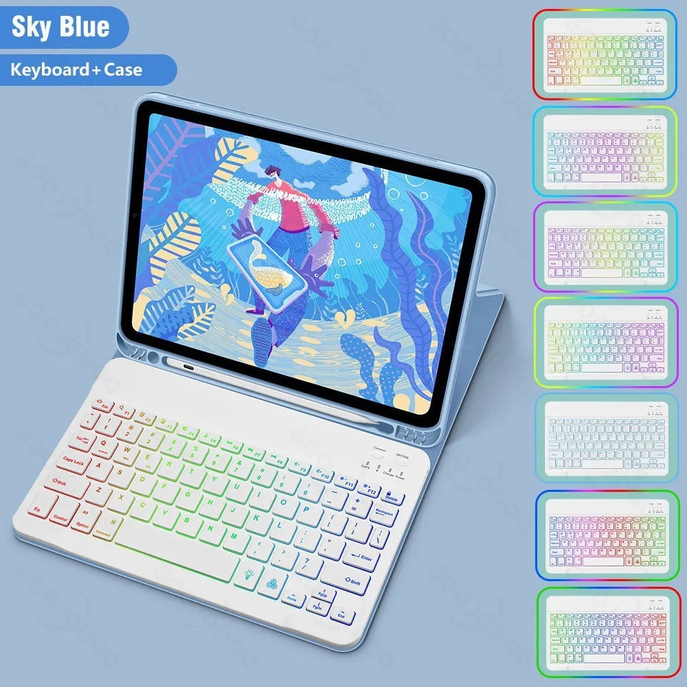 iPad in a colourful TPU leather case with a built-in luminous RGB backlit Bluetooth keyboard and stand open.