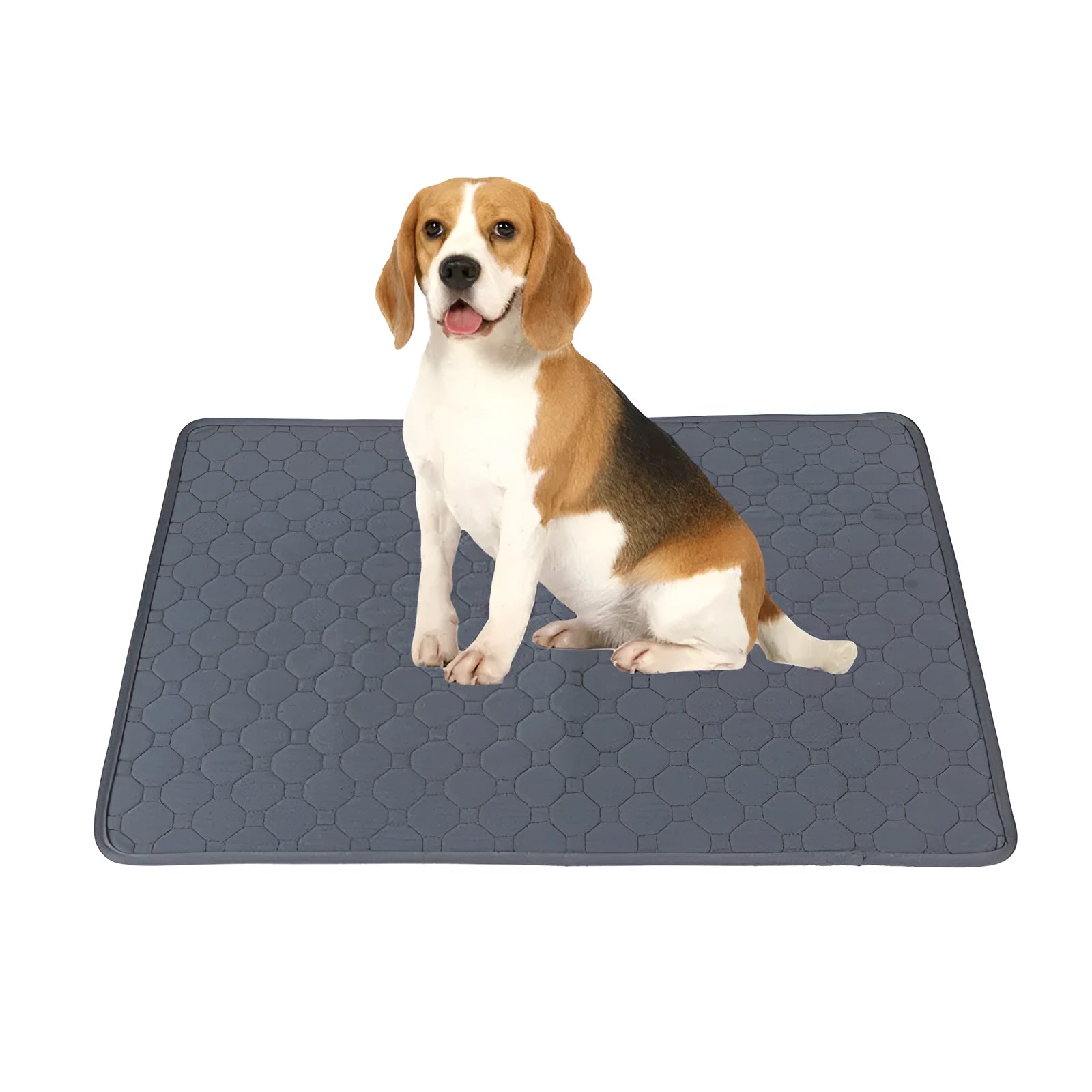 Grey and khaki washable waterproof dog pee pad on a wooden floor next to a pet crate.