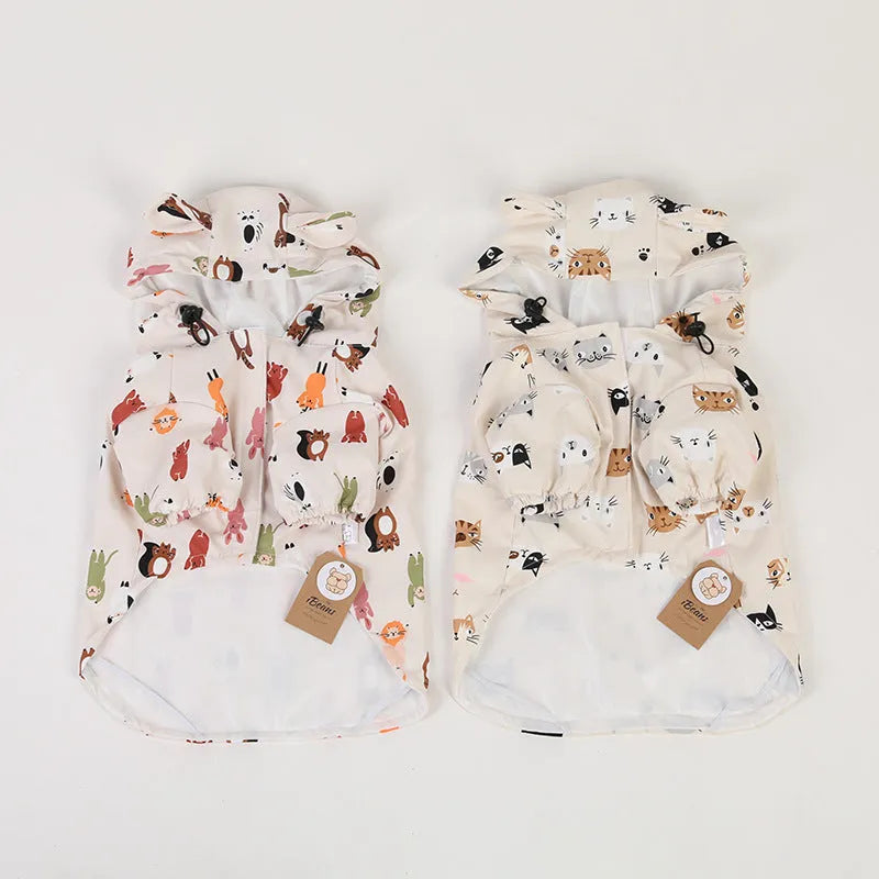 Beige cartoon print dog raincoat with double waterproof PU coating.