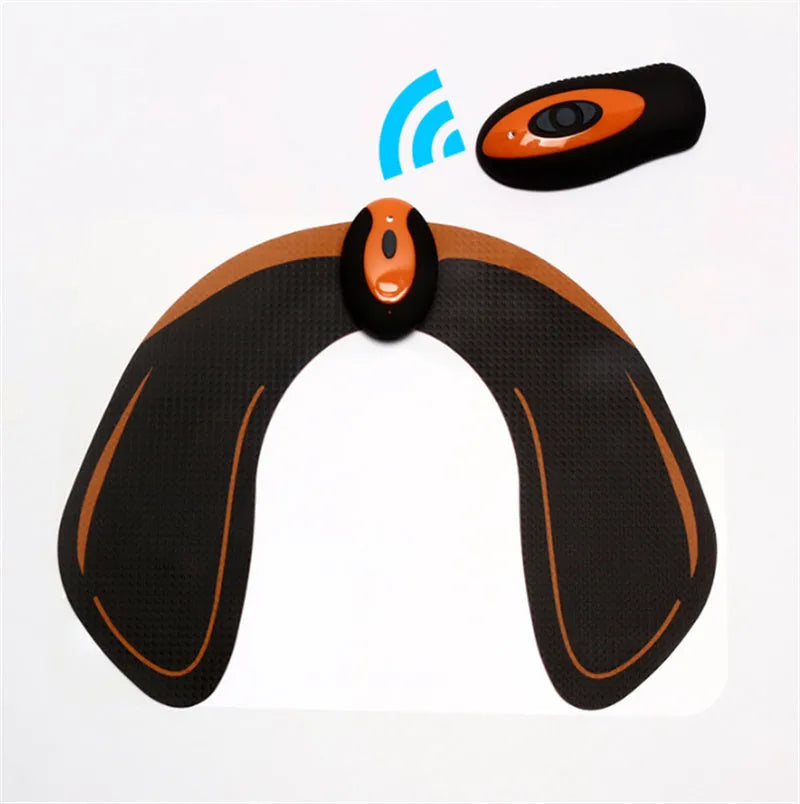 EMS hip muscle training stimulator with remote control and two gel pads in orange