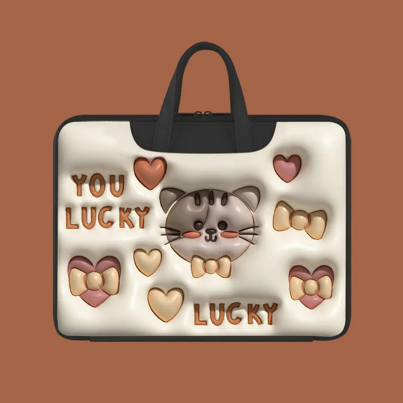 Inflatable grey laptop bag with a cute panda design, showing the inflation valve and back strap for attaching to suitcase handle.