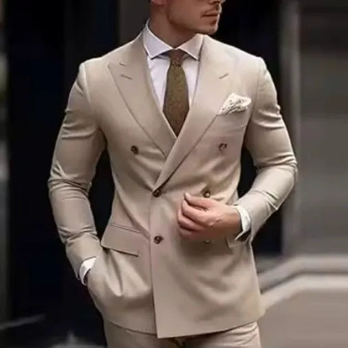 Korean style slim fit men's two-piece suit in grey, business casual cut with adhesive interlining construction.