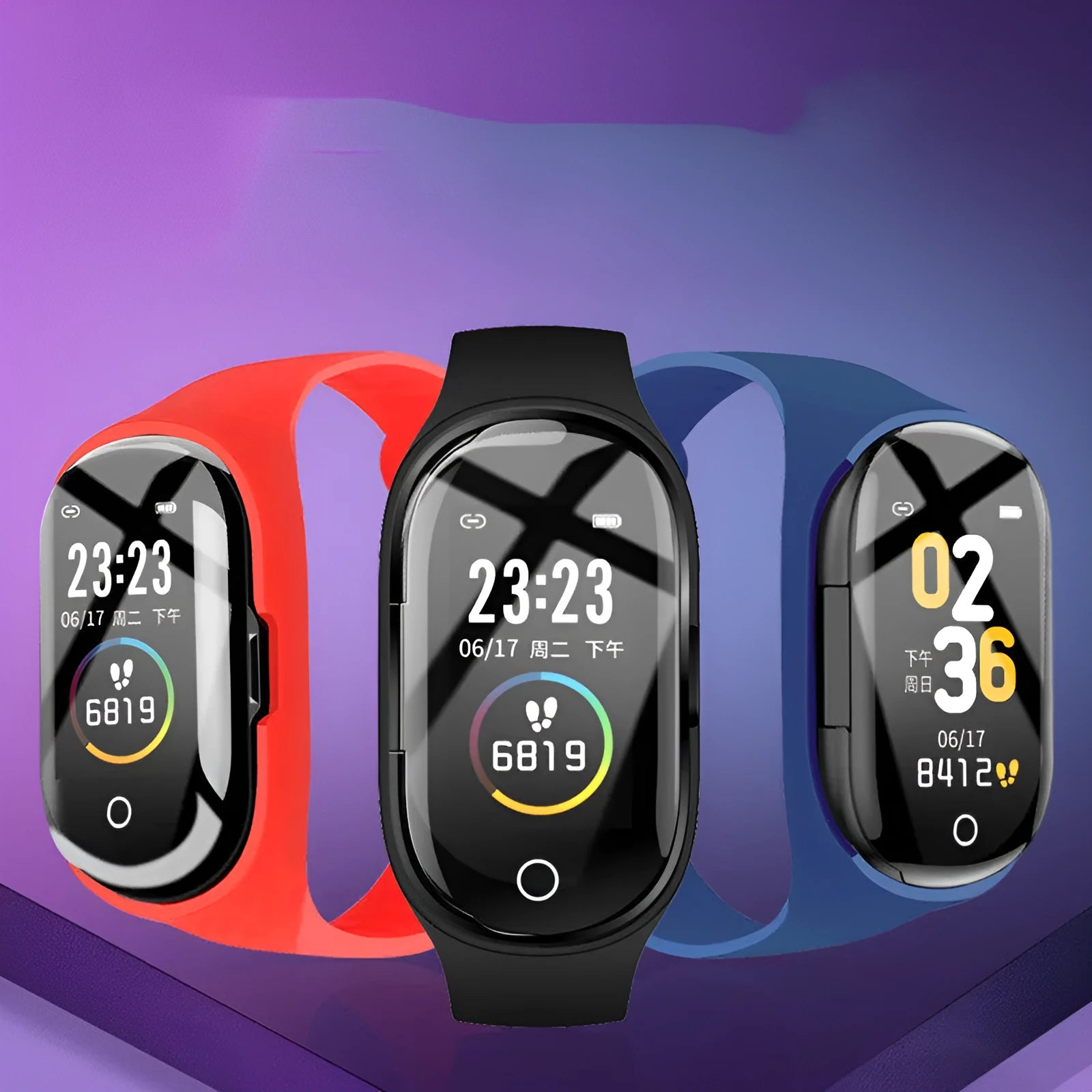 Smart bracelet and wireless earphone combo in silicone with touchscreen display showing fitness metrics