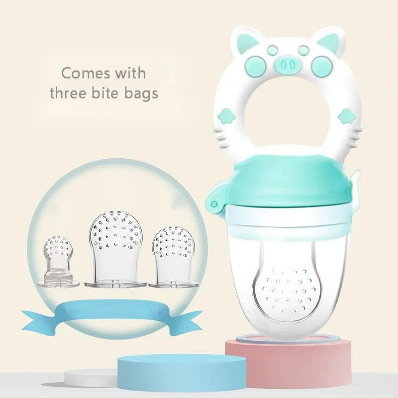 BPA-free silicone baby teether in blue, green, or pink colours showing single and triple mouthpiece design options