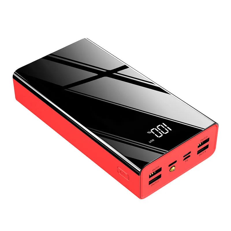 Large 40000mAh capacity power bank with LCD display in red and black plastic case